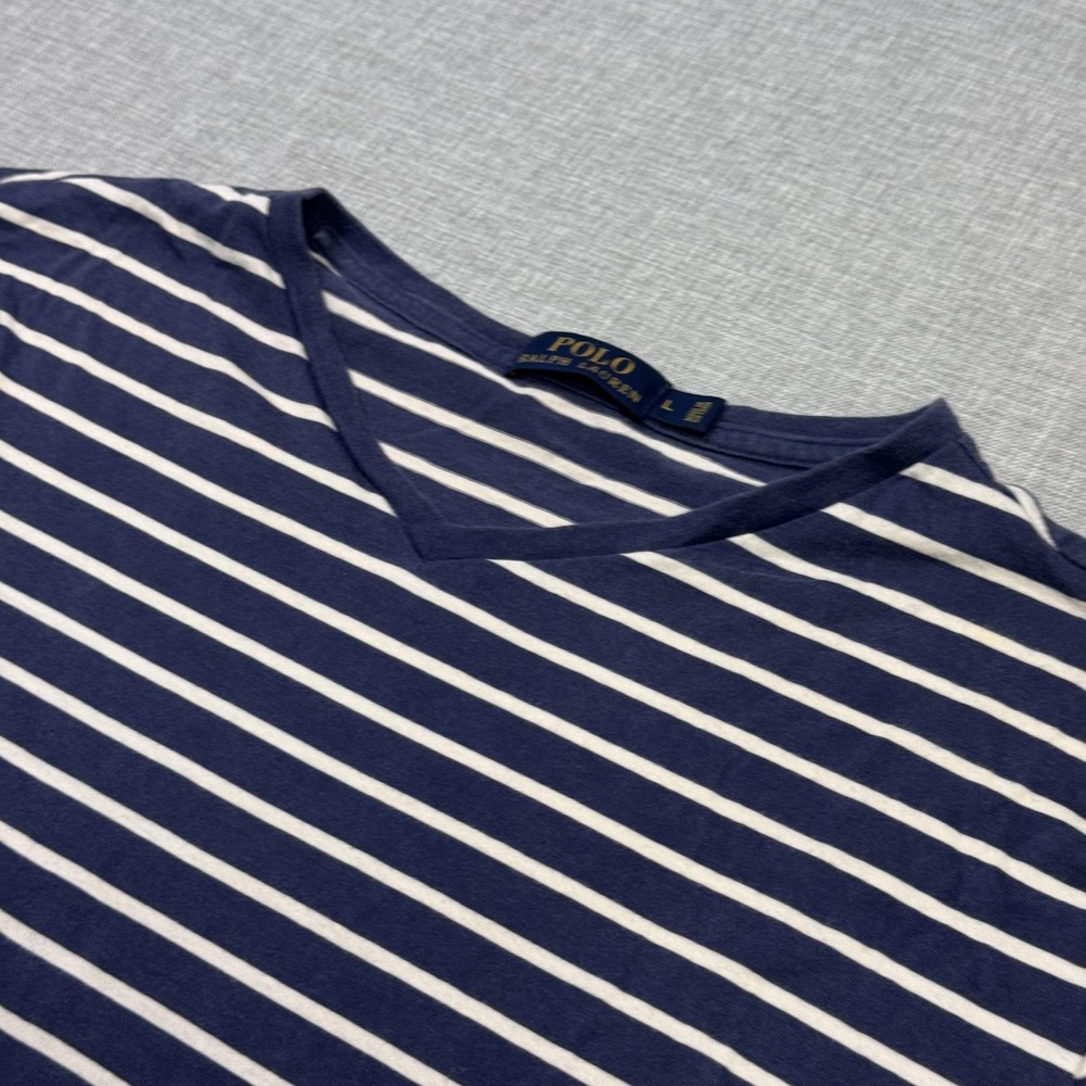 Polo Ralph Lauren V-Neck T-Shirt Mens Large Blue‎ Striped Cotton Short Sleeve